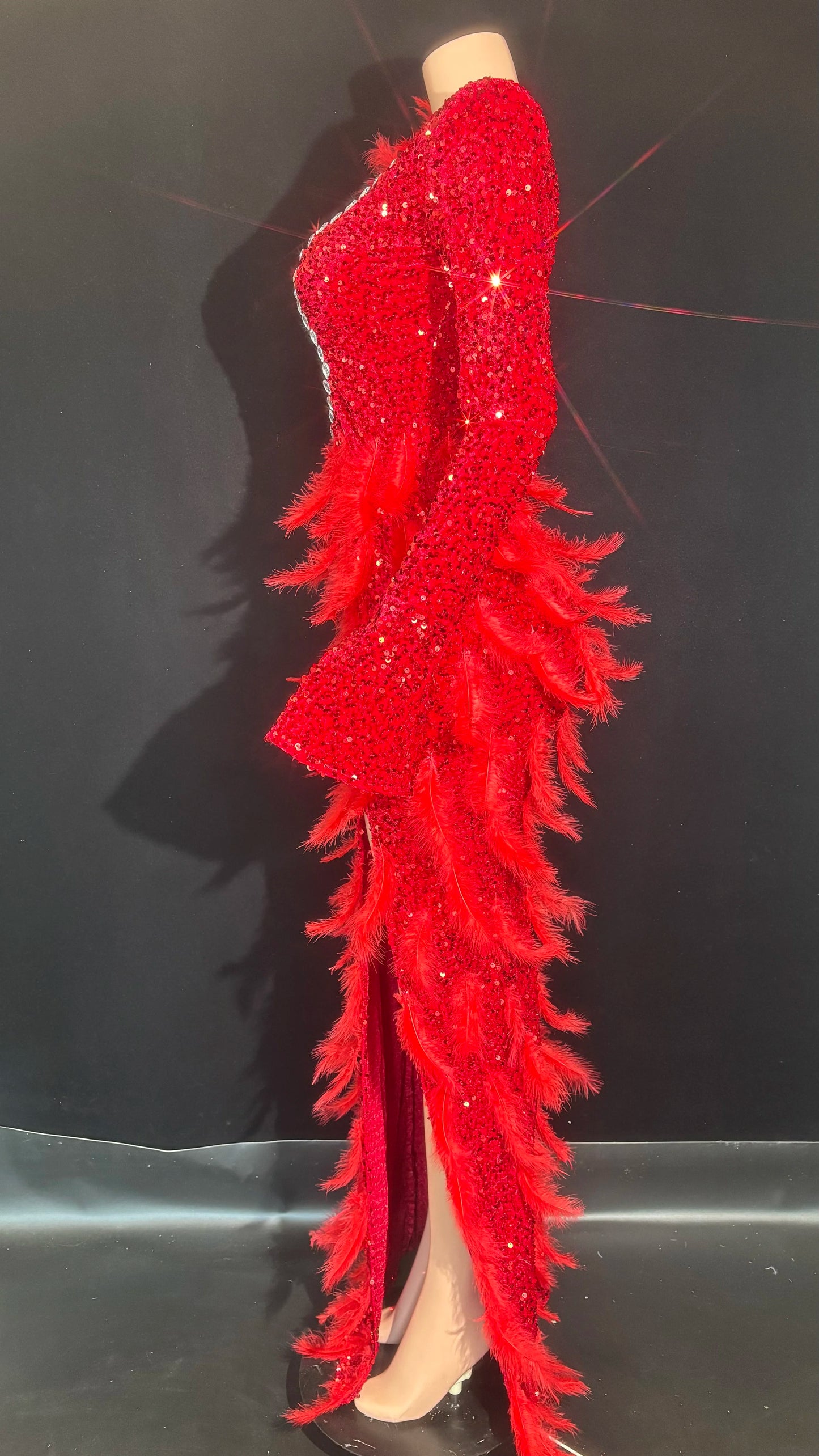 Sparkly Diamonds Feather Red High Slit Wedding Party Gown Luxury Evening Celebrate Performance Singer Costume Festival Dresses