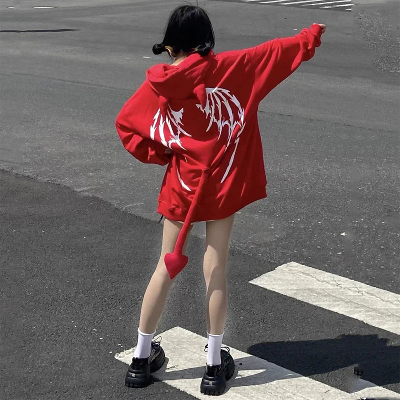 2025 Autumn Harajuku Hoodies Women Gothic Devil Horn Hooded Sweatshirt Halloween Cos Clothes Detachable Tail Zip-Up Outwear