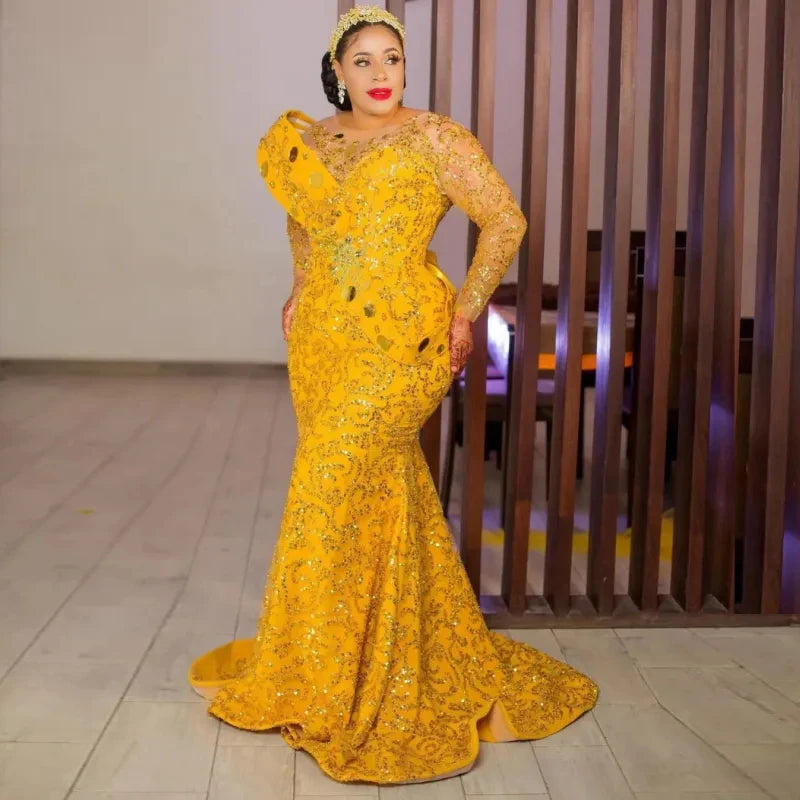 South Africa Women Wedding Reception Gowns Plus Size Aso Ebi Prom Dresses Sparkle Gold Yellow Sequined Lace African Formal Dress