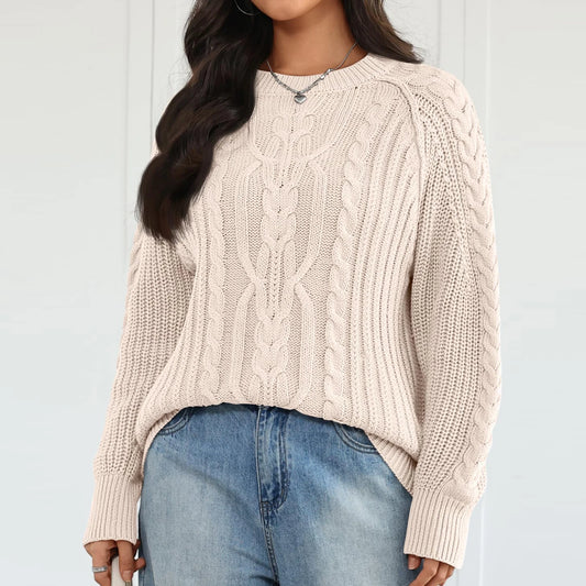 Women'S Crew Neck Cable Knit Lantern Long Sleeve Pullover Sweater Solid Color Casual Knit Autumn Winter Warm Top For Ladies