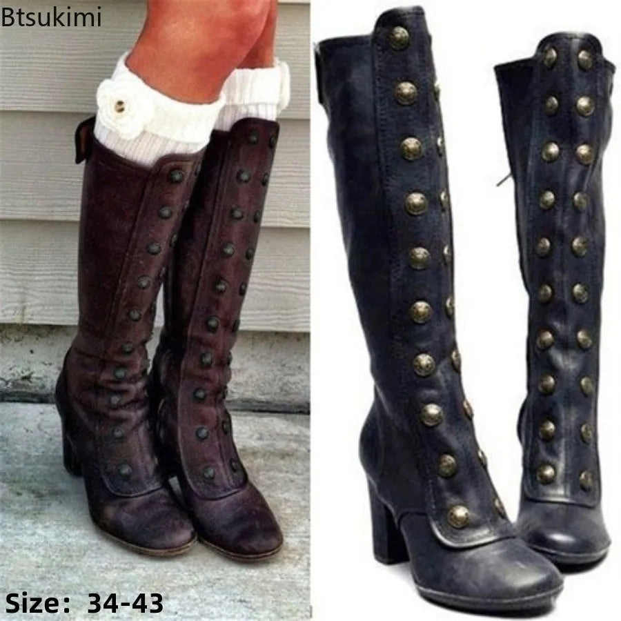 Retro Black Fashion Rivet Decor Boots Chunky Heels Knee High Slip on Shoes for Women Knight Boots  Autumn Zapatos Para Mujere