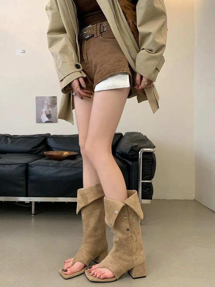 Eilyken Spring Autumn Square Clip Toe Women Knee-High Boots Sandals Fashion Vintage Low Heels Buckle Strap Shoes
