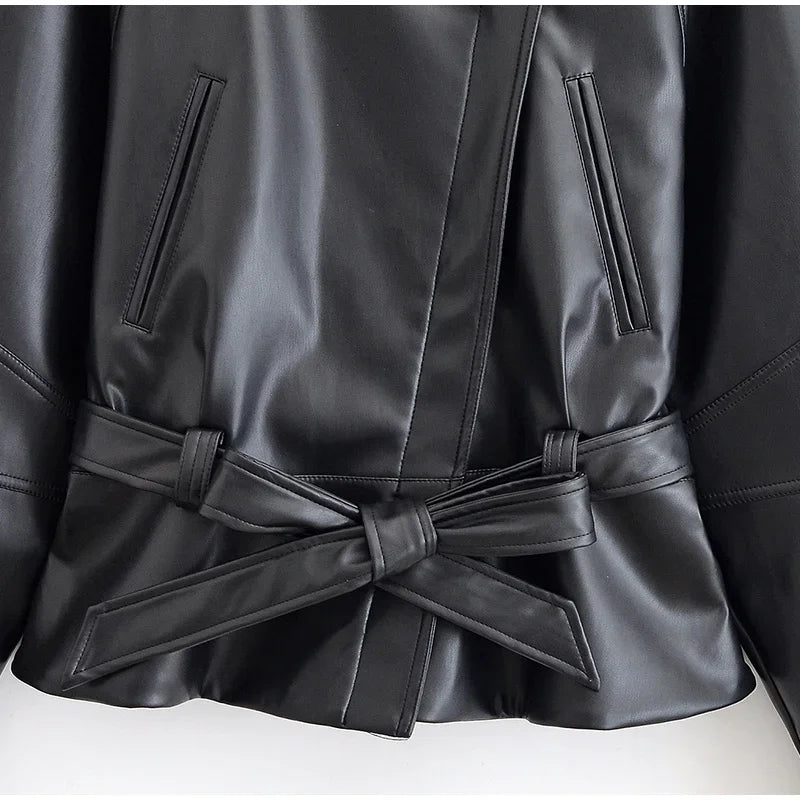Black Belt Women's Leather Jacket Lapel Full Sleeve Zip-up Lace Up Waist Cinching Cropped Coats 2026 Autumn Street Lady Jackets