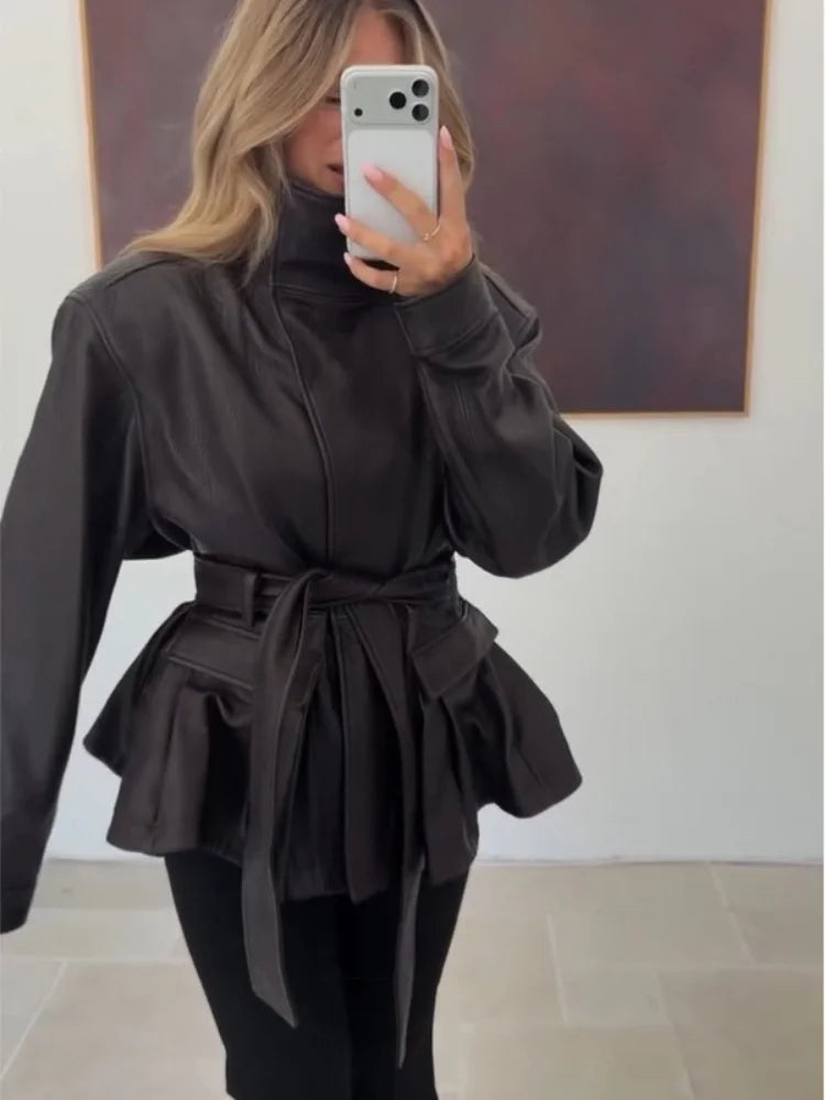 Women's Black Belted Faux Leather Jacket High Neck Long Sleeve Waist Belt Autumn Winter Peplum Jackets 2026 Street Outerwear