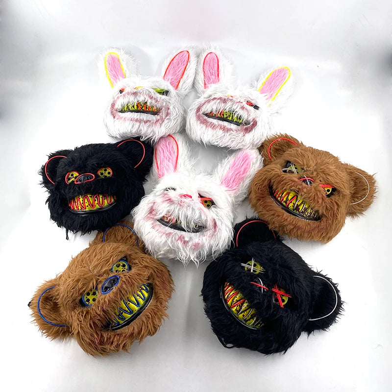 Novelty LED Bloody Furry Bunny Rabbit Bear Mask Realistic Scary Horror Killer Adult Masquerade Cosplay Costume Accessory