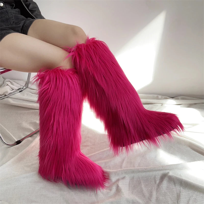Hot Sale Ins Fashion Long Women Furry Boots Winter Knee Length Keep Warm Ladies Snow Boots