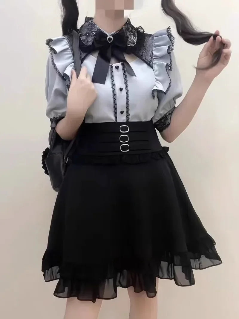 Jirai Kei Cosplay Costume Lolita Dress Blouse Y2K Kawaii Japanese Style Shirt Short Sleeve Pink Sweetheart Girl Halloween Party