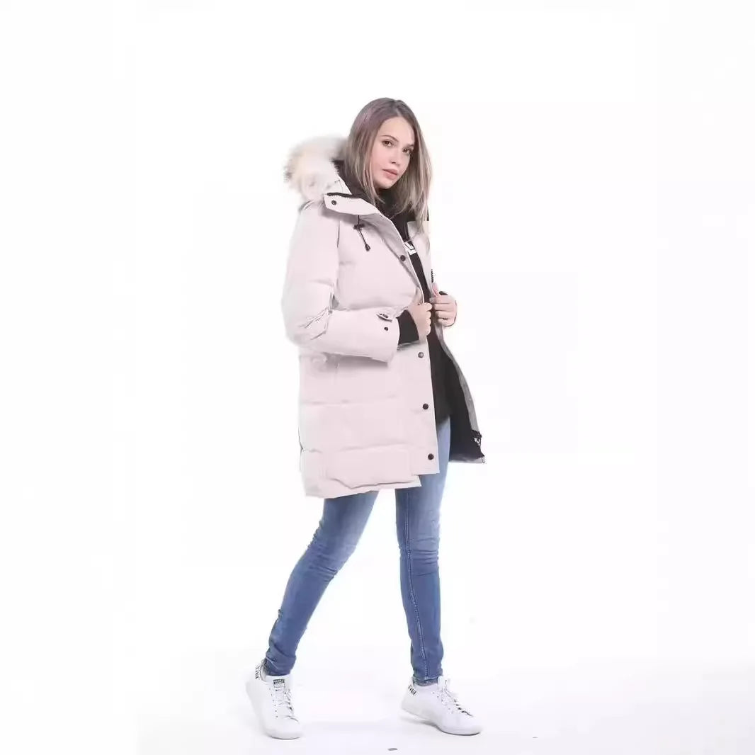 Shelburne Women's 15 Style down Jacket Hooded Wolf Fur Collar Thickened Long Sleeve Polyester Fabric White Duck down Coat