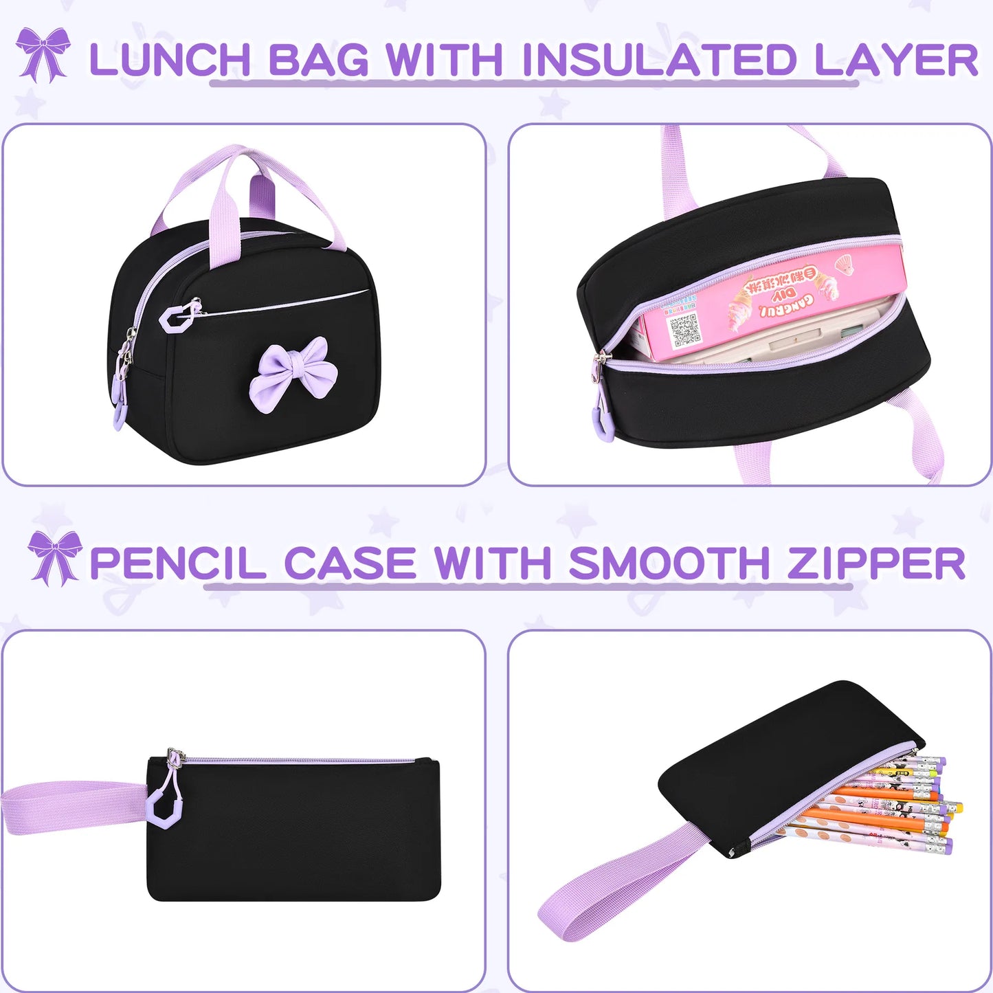 Three-piece Purple School Bag Set Casual with Pen Bag Students Schoolbag Durable with Lunch Bag Large Capacity bow Backpack book