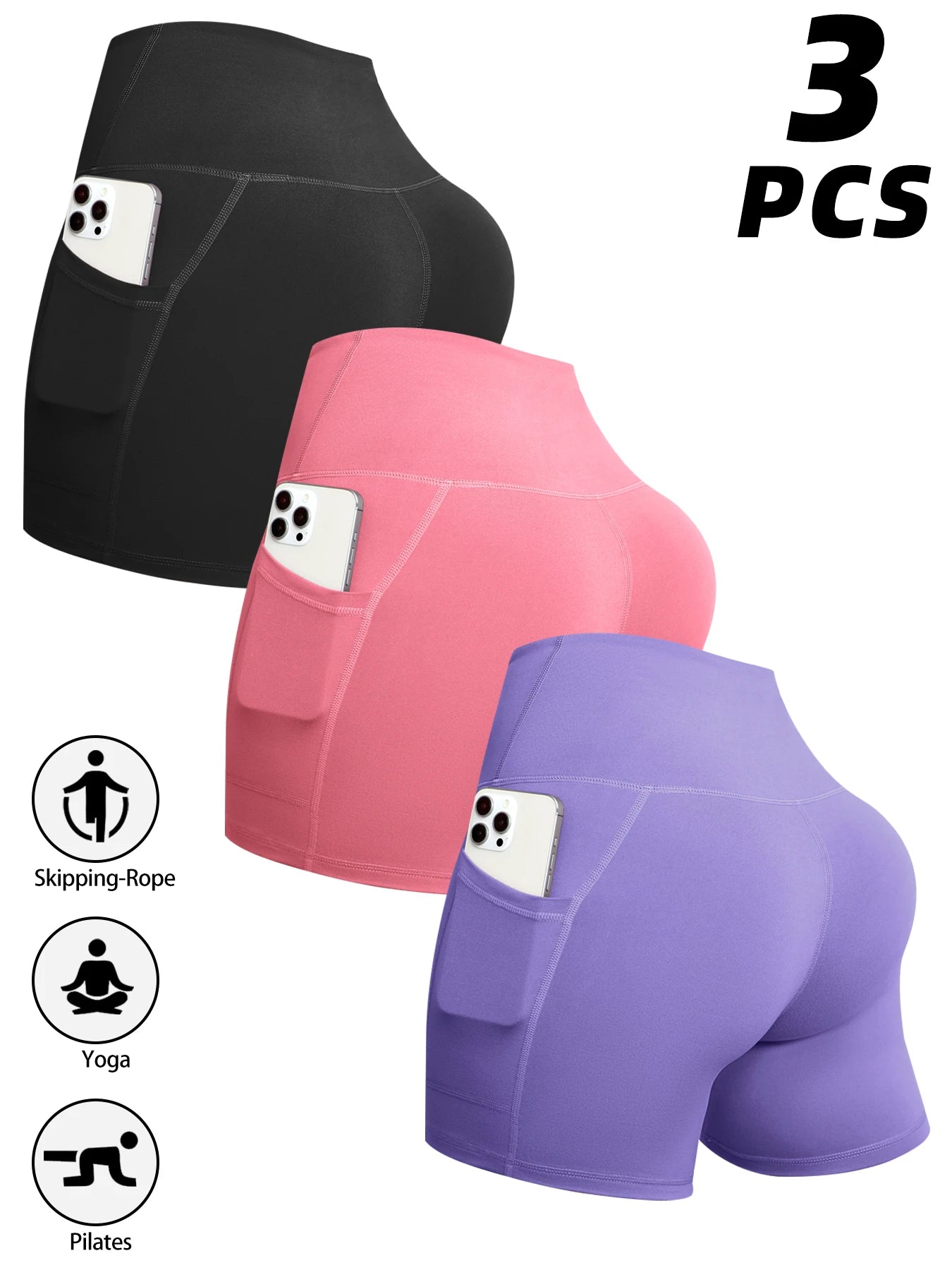 1/3pcs Women Fitness Sexy Short With Pocketed Yoga Legging Shorts Hip LiftTight Sports Shorts Quick Drying Cycling Workout Gym