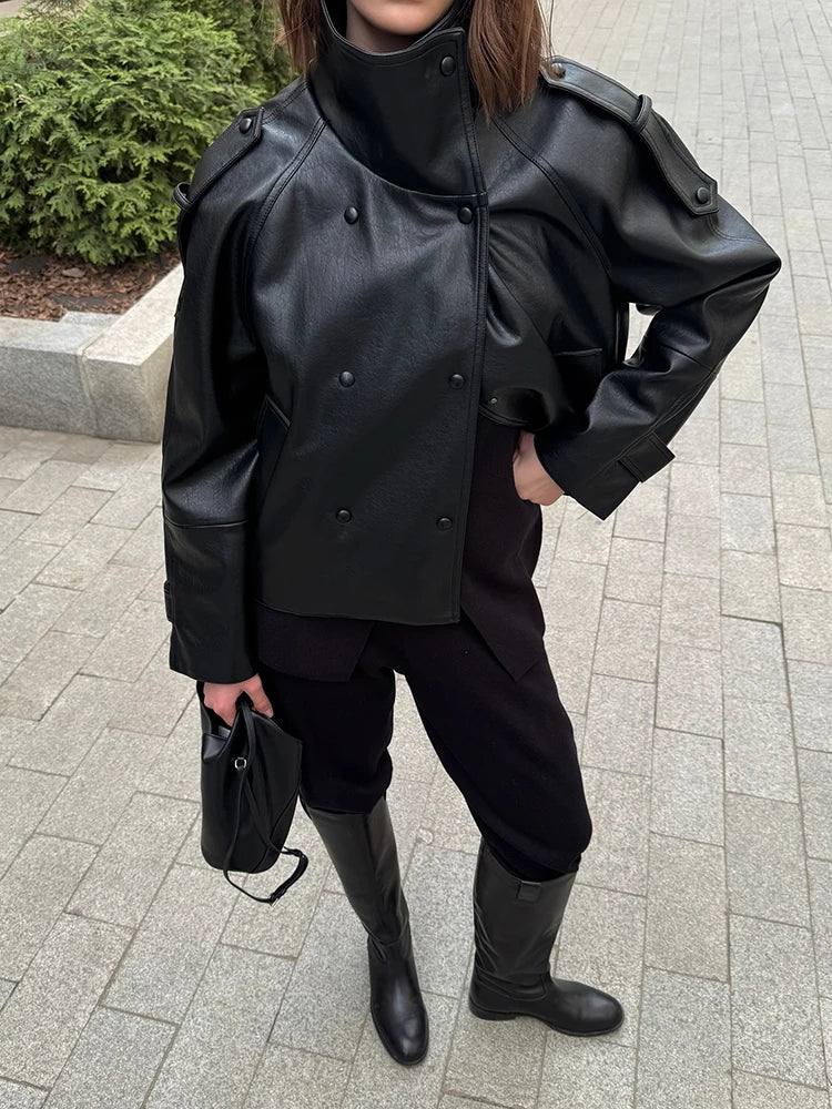 Street Black Women's Leather Jacket Autumn High Neck Double Breasted Full Sleeve Jackets 2026 Winter Lady Fashion Outwears