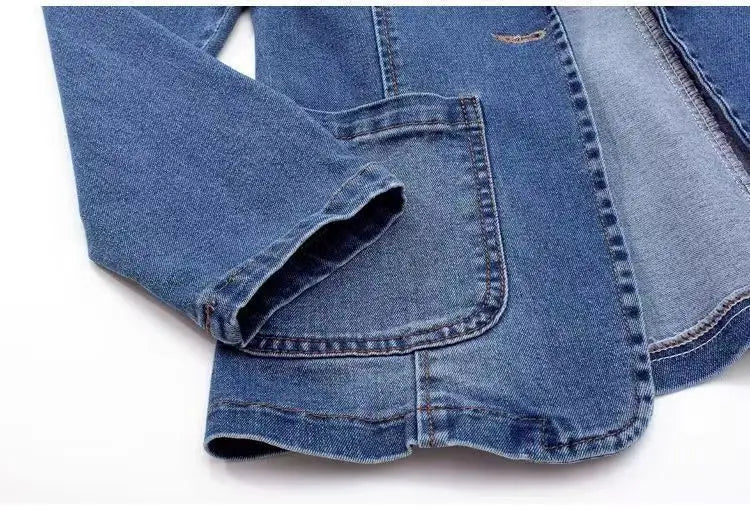 Spring Autumn New One Button Design Denim Jacket For Women Slimming Fit Suit Collar Solid Color Cardigan Blue Cowboy Outer Wear