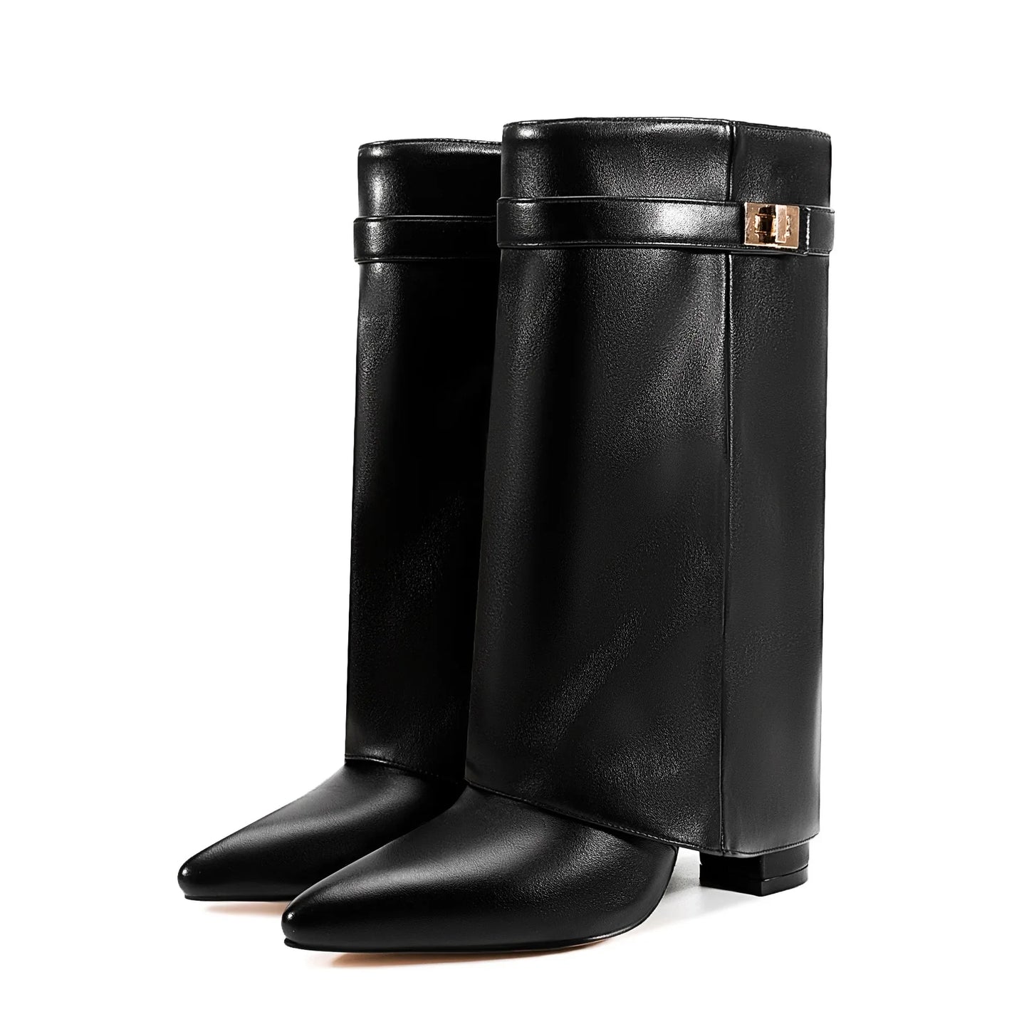 Autumn and Winter New Pointed Metal Buckle Knee High Women's Boots, Thick High-heeled Pants Boots, Fashionable Mid Leg Boots