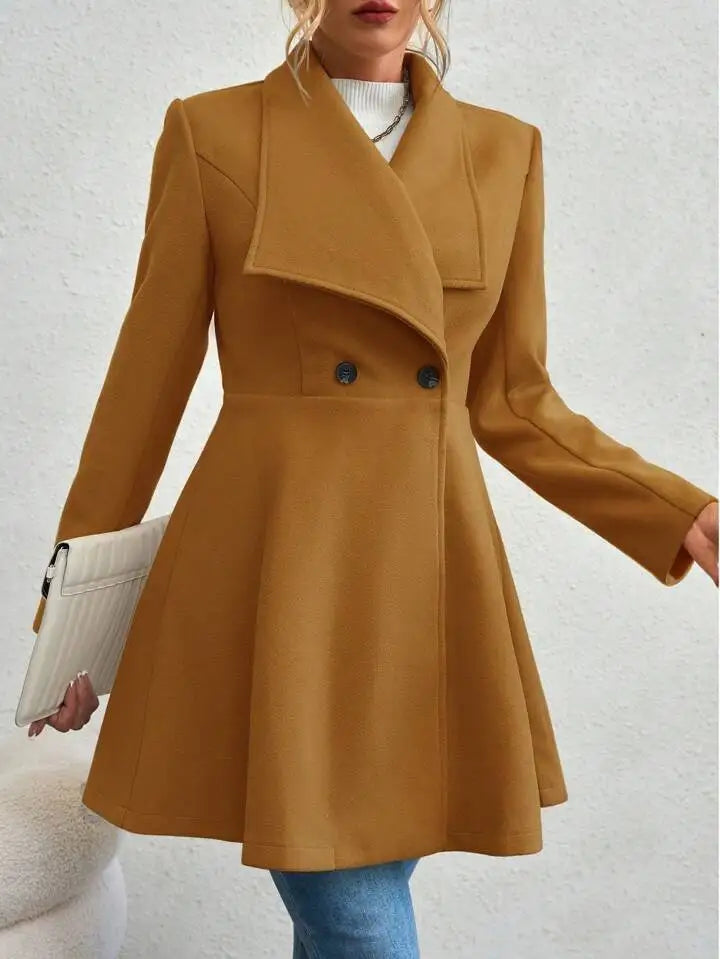 Autumn Winter Women Coat Fashion Solid Color Lapel Collar Single-breasted Slim Fit Female Woolen Coat Mid Length Lady Overcoat