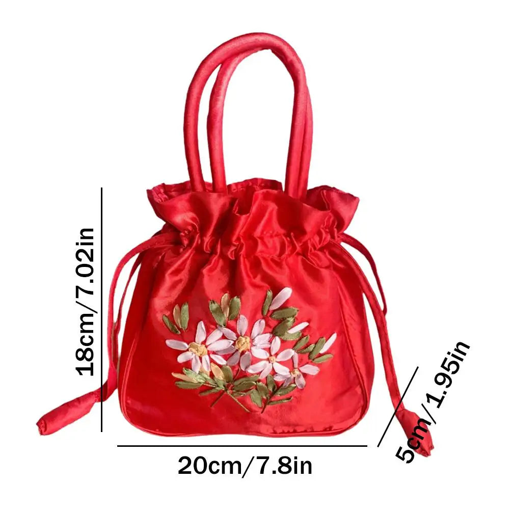 Women Bucket Bag Top Handle Ladies Handbag Phone Bag Summer Small Purse National Style Embroidered Flower Pattern Drawstring Bag