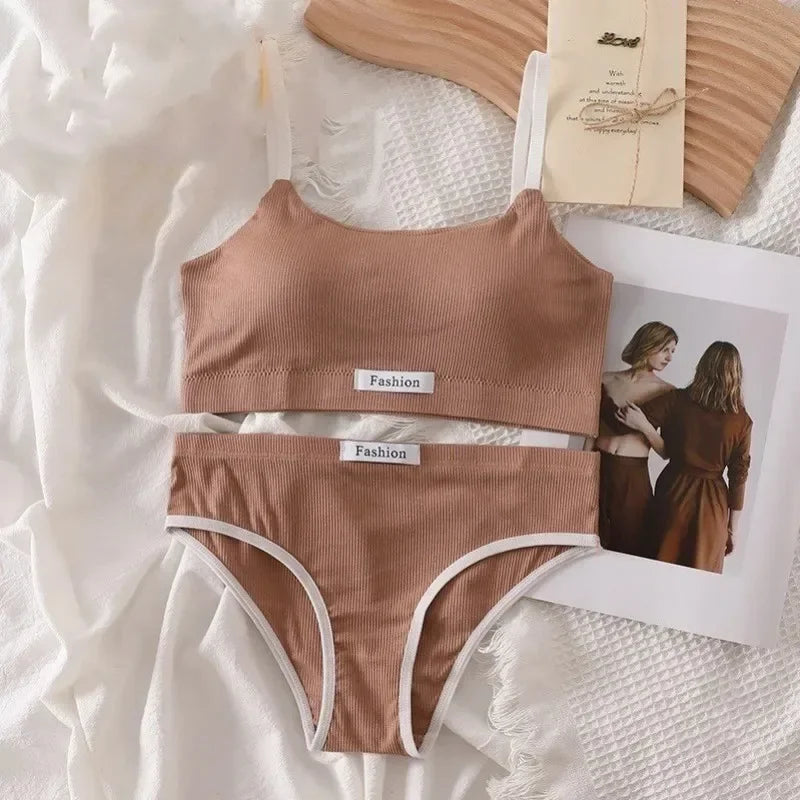 Women Cotton Seamless Bras Set Low Waist Panties Wire Free Tube Top Bra Sexy Lingerie Set Female Comfort Sports Underwear Set