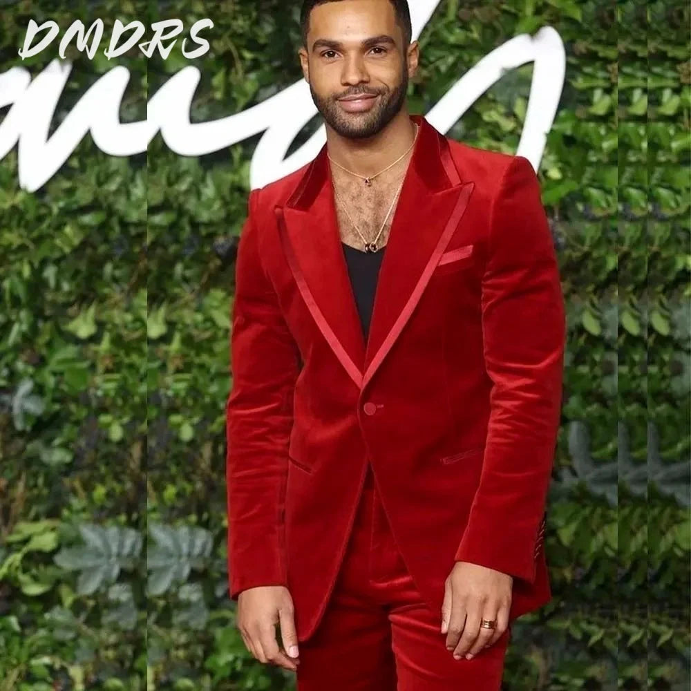 Elegant V-neck Velvet Single button Men Suits High Quality Fashion 2 PCS Jacket Pants Classic Groom 2026 Wedding Slim Fit Outfit