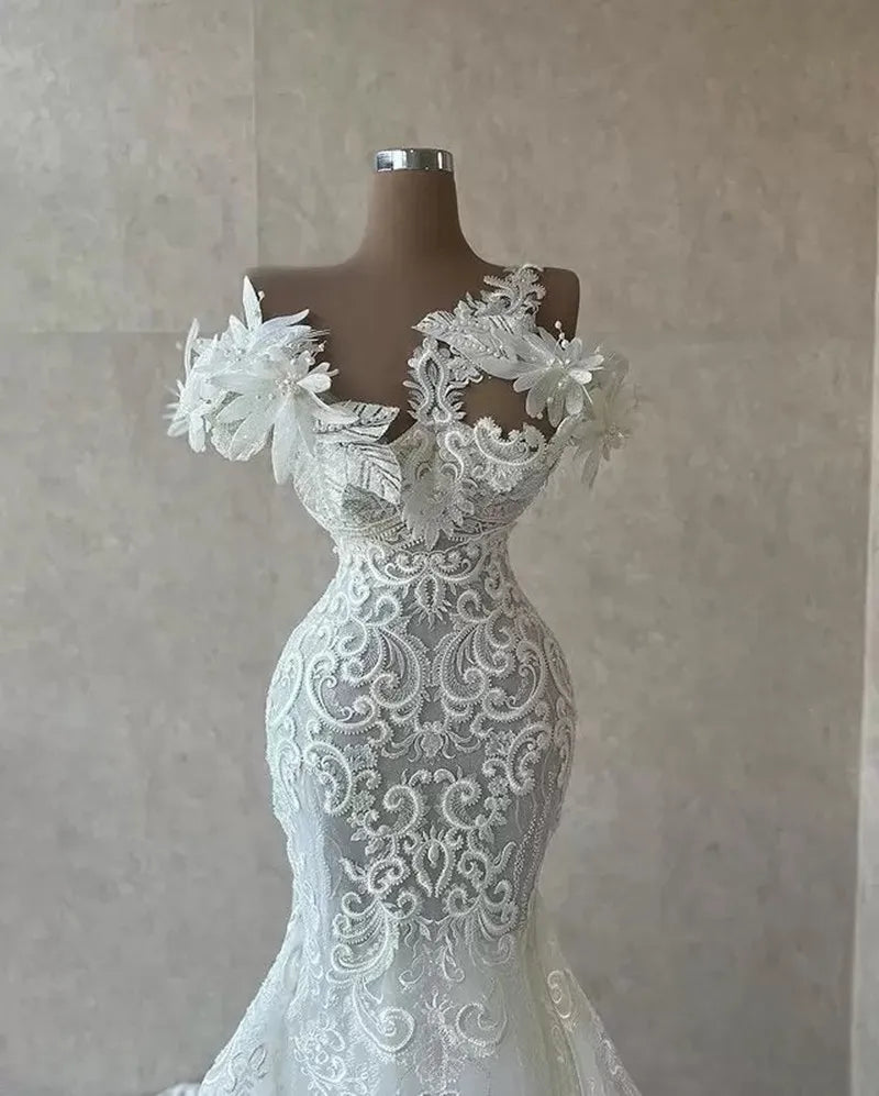 Gorgeous Mermaid Beach Wedding Dresses Bridal Gowns 3D Flower Pearls Lace Appliqued Sheer Neck Custom Made Vestido De Novia