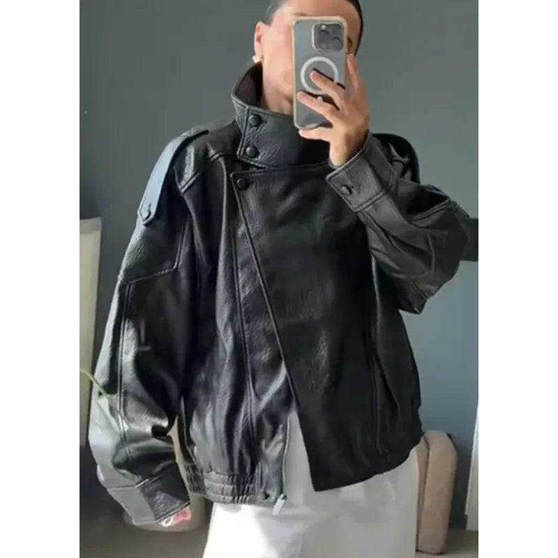 Women's 2026 Autumn New Classic Commuter Style Black Long Sleeve Pebble Faux Leather Motorcycle Fashion Jacket