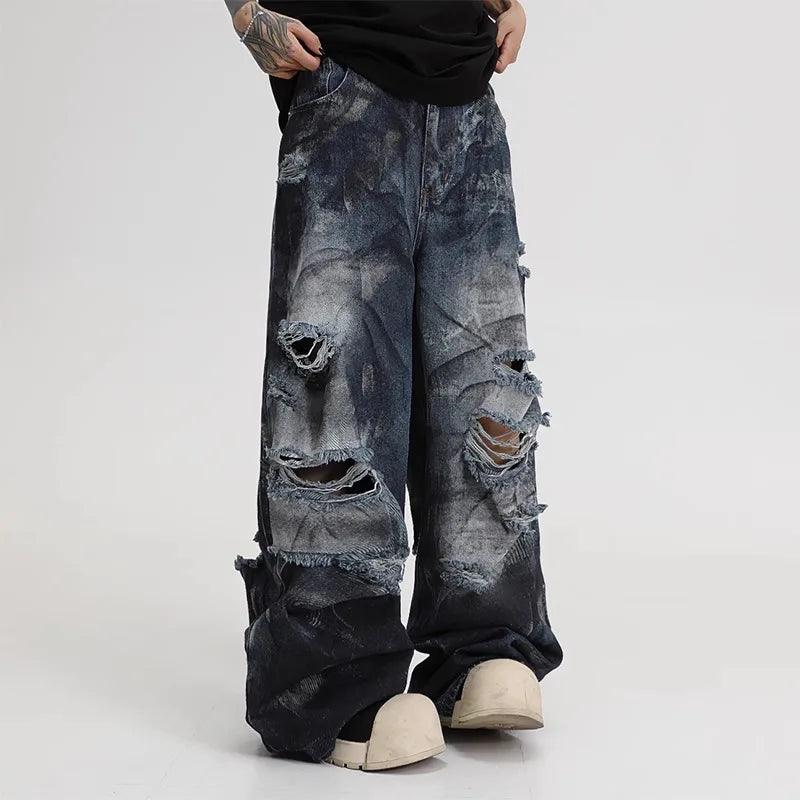 American High Street Spray Ripped Wide Leg Jeans Men Women Summer 2025 New Style Hip Hop Casual Wear Resistant Cotton Stretch...