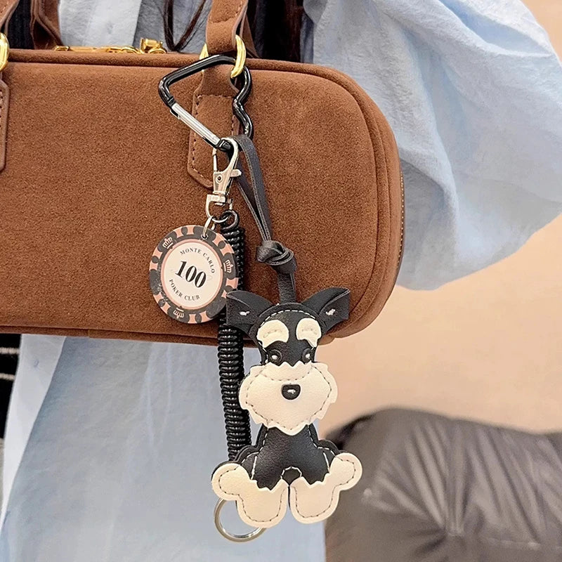 Lovely PU Leather Schnauzer Keychain Cute Puppy Animal Hanger Dog Fashion Bag Pendant Creative Woven Rope Keyring Bag Charms New