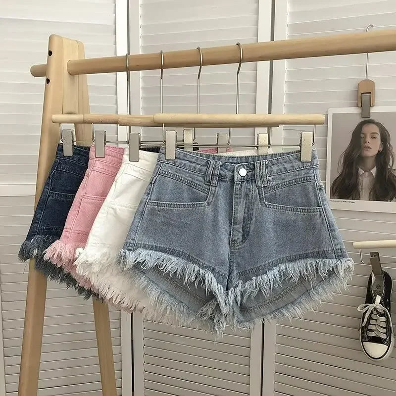 Pink Reddened Fringed Denim Shorts Women's Summer New Niche Slimming High-Waisted Spicy Girl A- Line Wide Leg Heat Pants