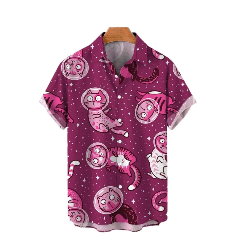 2023 Men's Hawaiian Shirt Cat Printed Short Sleeve Tops Beach Vacation Sunset Harajuku Men's Clothing Casual Unisex Style Shirts