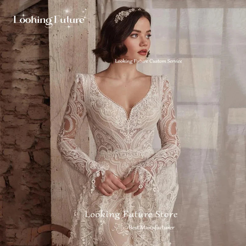 2026 Boho Mermaid Wedding Dresses Long Sleeve Pleat Sexy Lace Illusion Bridal Gown V-Neck Backless Zipper Sweep Train Customized