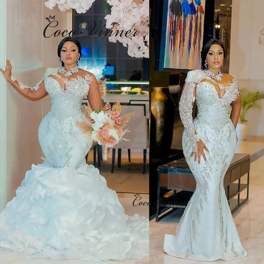 Customized High Neck  Africa Luxury Mermaid Wedding Dresses 2026 Detachable Ruffle Train Beaded Lace Wedding Dress Women W1433