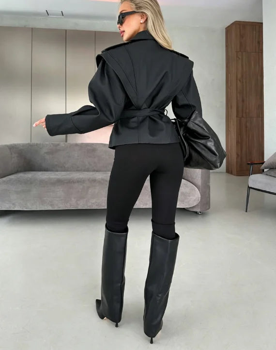 Women Black Lapel Collar Faux Pu Leather Jacket Fashion Full Zip Belted Waist-cinching Cropped Coat 2026 Autumn Daily Outerwear
