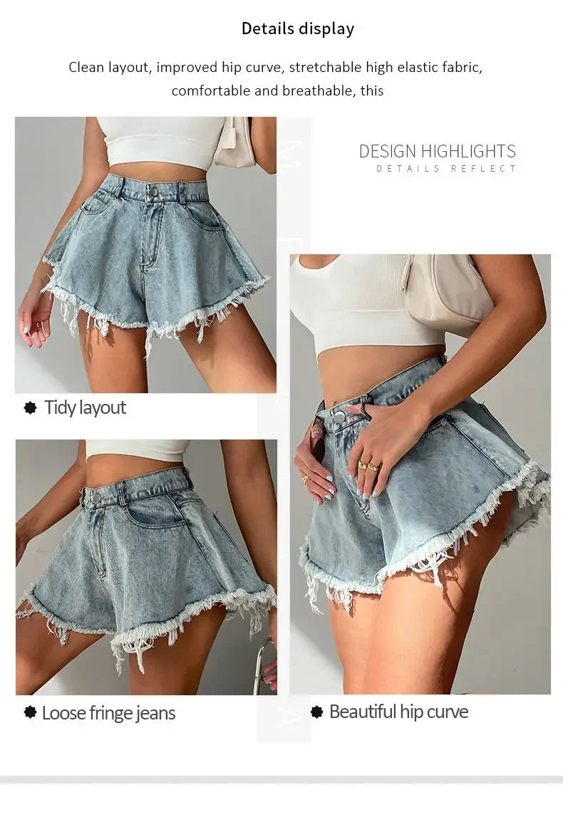 Wide Leg Shorts Women Y2k Denim Frayed Sexy Girls High Waist Hotsweet All-match Vintage Fashion Pockets European Style Females