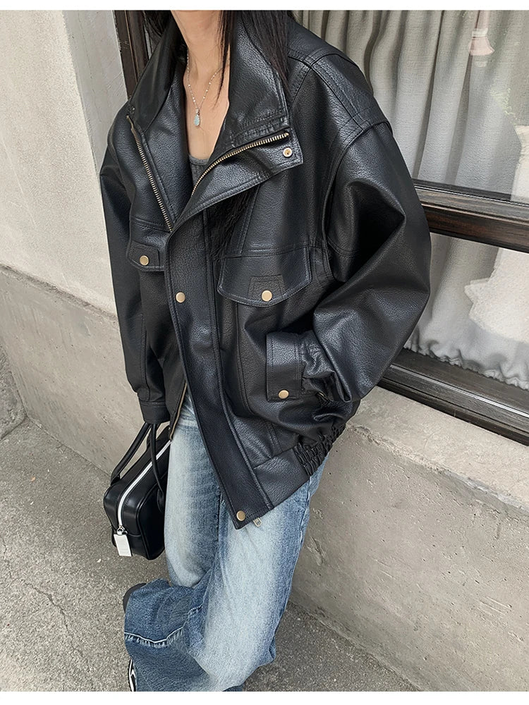 Lautaro Spring Winter Cool Oversized Thicken Warm Black Hard Pu Leather Jacket Women Long Sleeve High Quality American Clothing