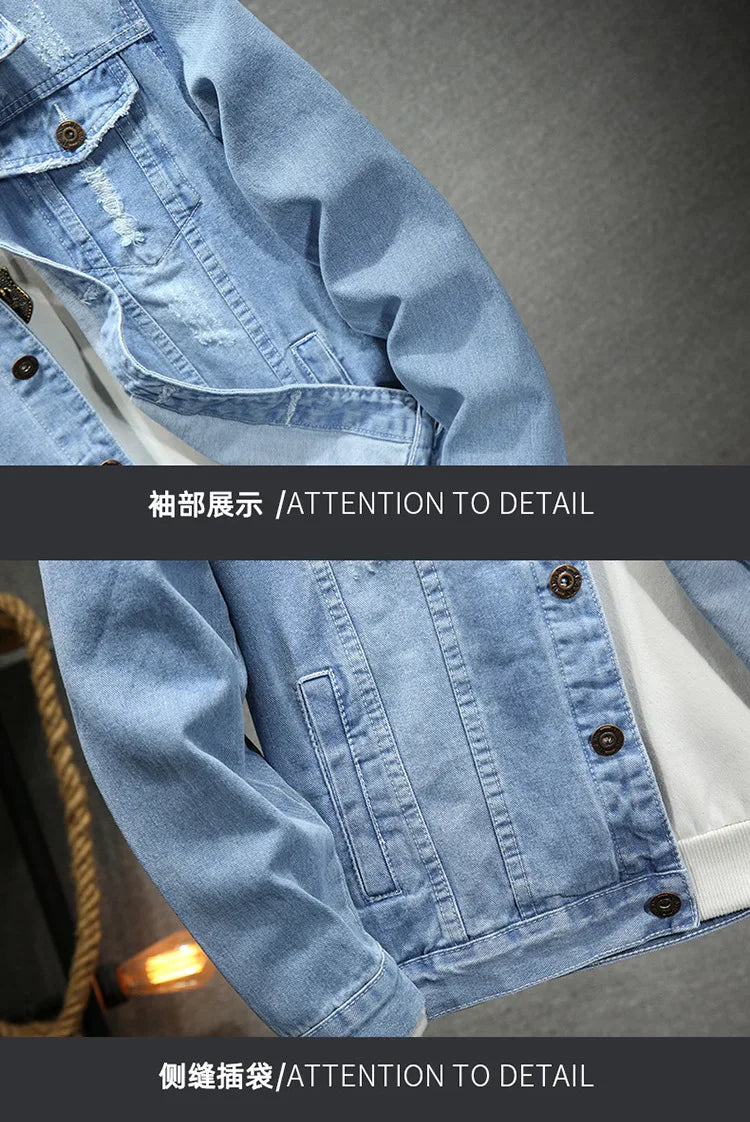 QICHE New Spring Autumn Men Light Blue Slim Denim Jacket Distressed Ripped Casual Outerwear