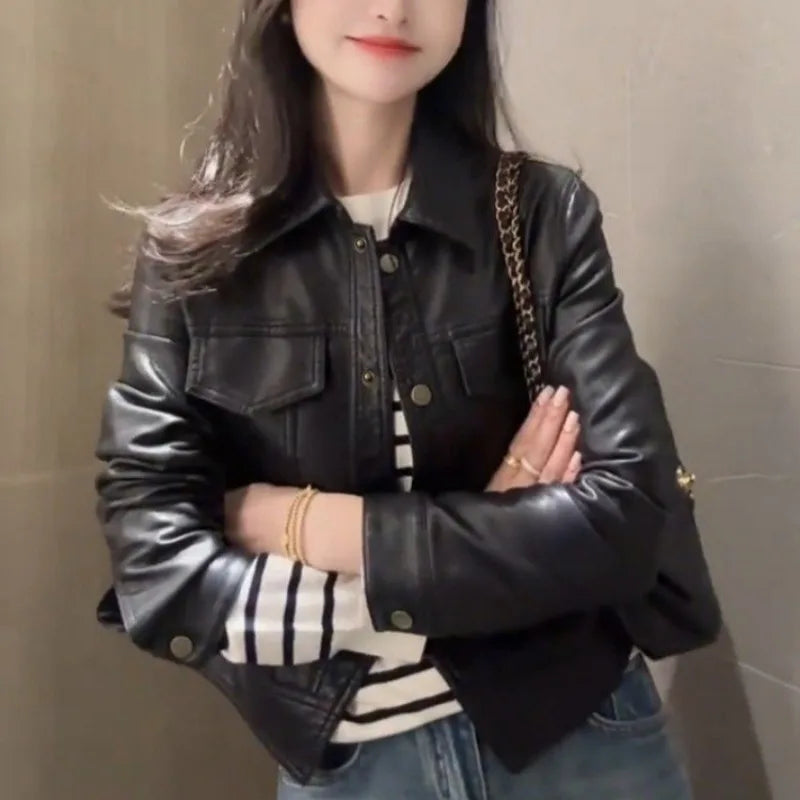 Women Autumn Winter Casual Faux Leather Biker Jacket Lapel Collar Loose Short Pu Coat Versatile Outerwear