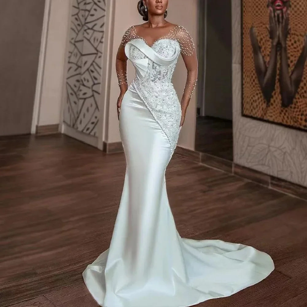 Customized Luxury Beads Lace Wedding Dresses Sheer Long Sleeves Mermaid V Neck Sweep Train Civil Wedding Dress for Bride Vestido