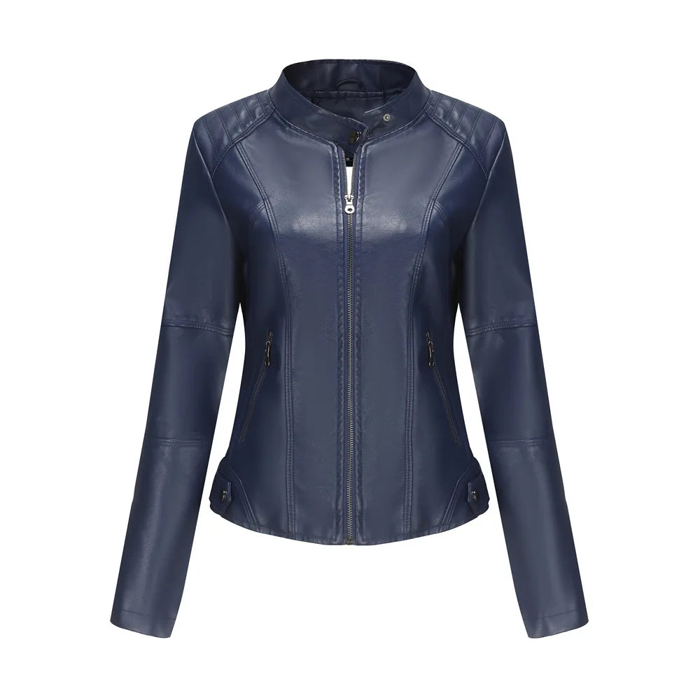 Women's Leather Jacket Women's Slim-Fit Jacket Thin Autumn Jacket Women's Biker Jacket Large Size Standing Collar Leather Jacket