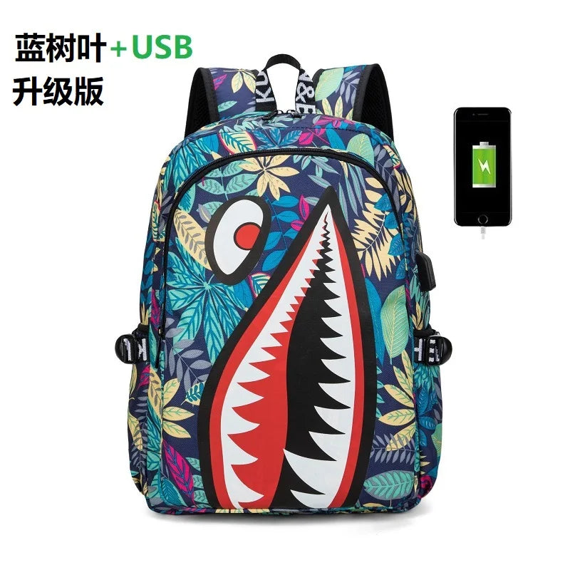 Cool shark mouth prints bagpack boy camouflage college bags unisex schoolbags waterproof backpacks student large capacity bags