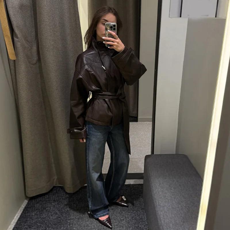 Faux Leather Jacket Stand Collar Winderbreaker Woman Waist Tie Belt Coat Long Sleeve Loose PU Leather Coat Street Wear Clothes