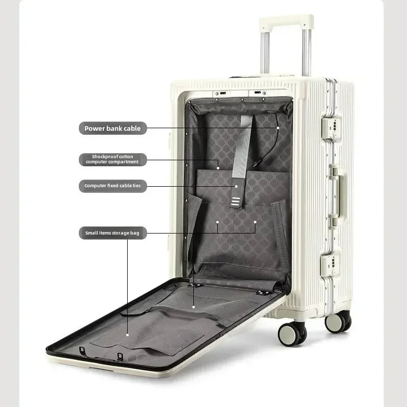 Front Opening Large Capacity Rolling Luggage Case Aluminum Frame ABS+PC Trolley Case Suitcase USB Charging Boarding Case
