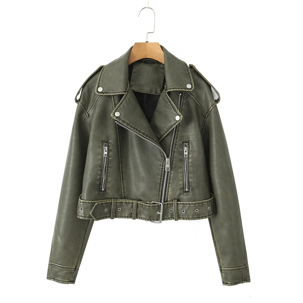 Women Autumn Winter Loose Gray PU Faux Leather Short Jackets Belt Female High Street Zipper Retro Moto Biker Coats Outwear XS-XL