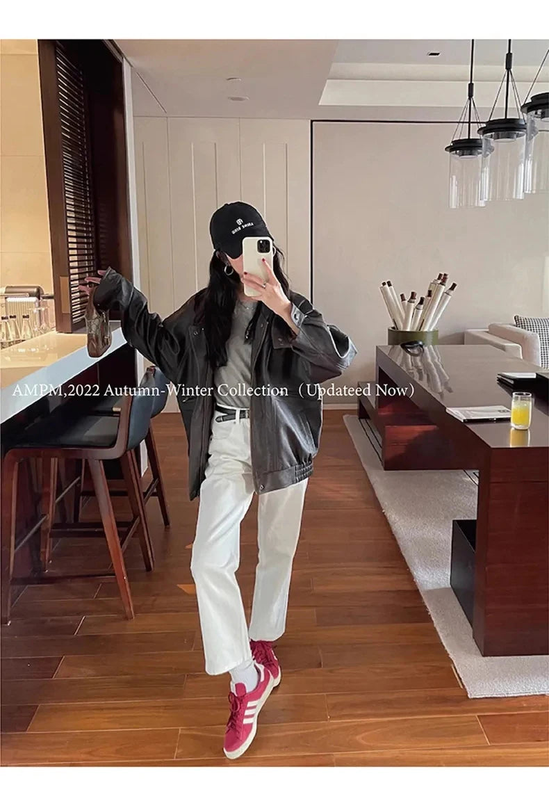 Lautaro Autumn Cool Brown Oversized Leather Jacket Women Drop Shoulder Long Sleeve Zippper High Quality American Retro Clothing