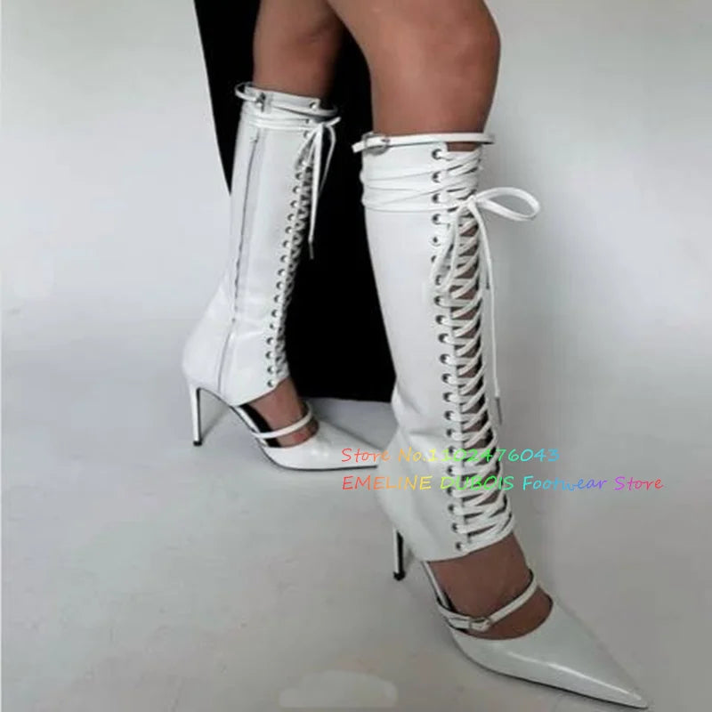 White Pointed Toe Lace Up Knee High Boot Women Summer New Sexy Hollow Buckle Strap Stiletto Heel Front Cross Tied Sandals