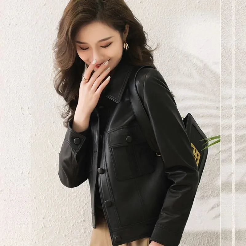 Lapel PU Leather Jacket Women 2026Spring Autumn New Coat Fashion Locomotive Goddess Overcoat High Quality Short Outerwear Female