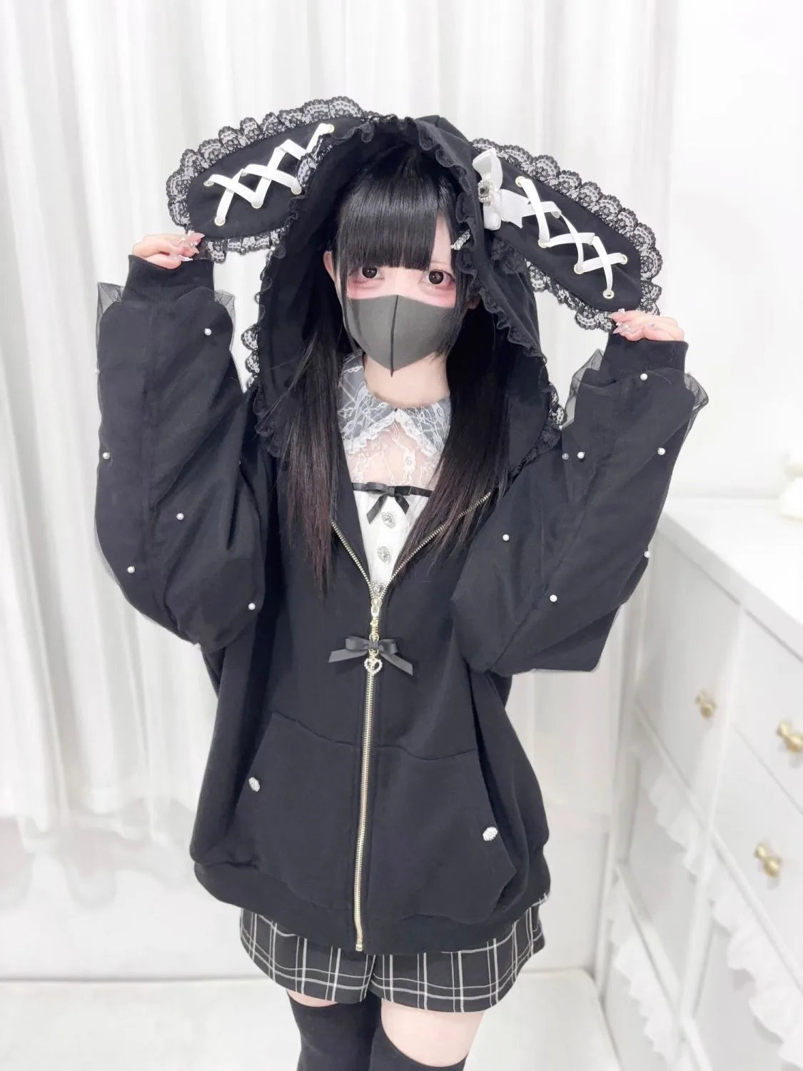 Vintage Japanese Subculture Jirai Kei Jacket Women Y2K Coat Lace Rabbit Ears Hoodie Gothic Sweatshirt Harajuku Halloween Cosplay