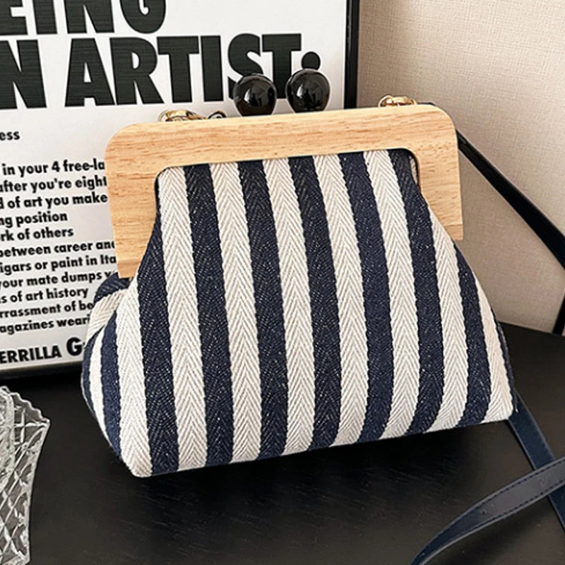 New Black Stripe Canvas Wooden Clip Bag Women Bag Fashion Shoulder Bag Crossbody Bag