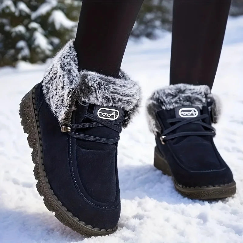 Women Winter Suede Snow Boots Warm Thick Furry Lined Ankle Booties Lace Up Non Slip Lug Sole Waterproof Thermal Shoes for Outdoor Snowfield Walking Cold Weather Daily Casual Wear Black Yellow Navy Three Classic Colors Ladies