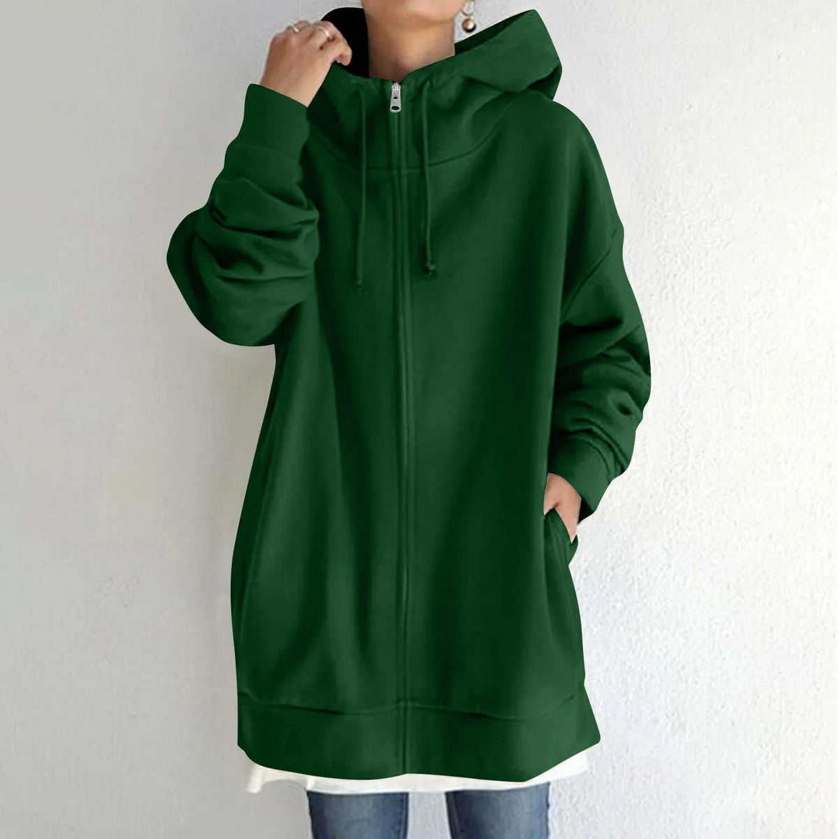Plus Size Long Hoodies Tunic Fashion Long Sweatshirts Solid Color Fleece Knitted Zip Up Jackets With Pockets For Women