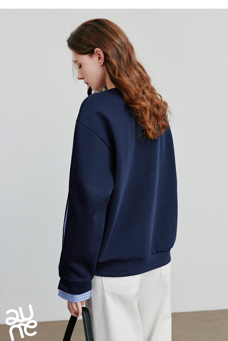 TOYOUTH Women Hoodies Sweatshirt 2025 Autumn New Patchwork Design Round Neck Long Sleeve Pullover Casual Tops