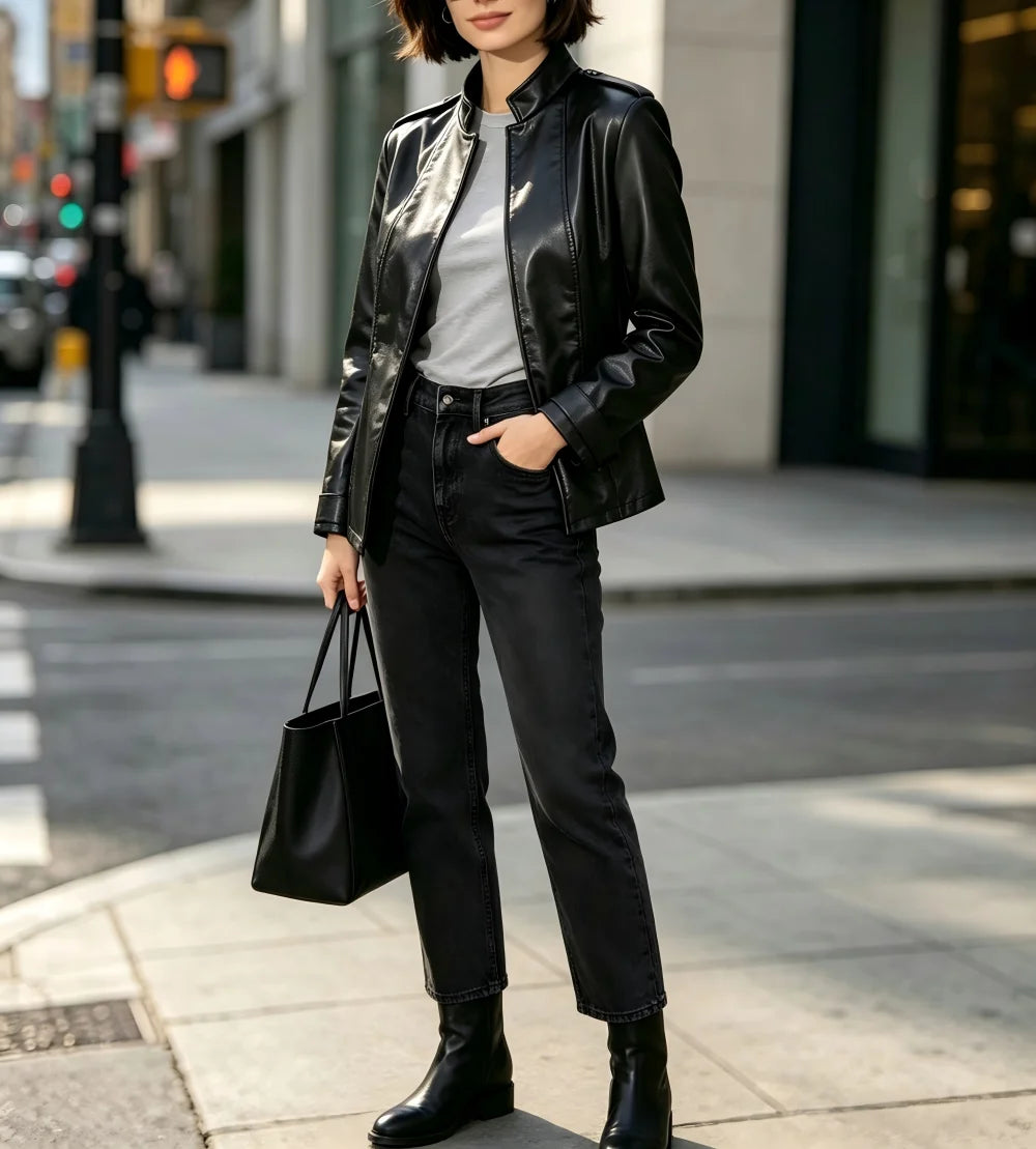 Women Stand Collar Long Sleeve Pu Leather , Vintage Distressed Gothic Fashion Outerwear For European American Style
