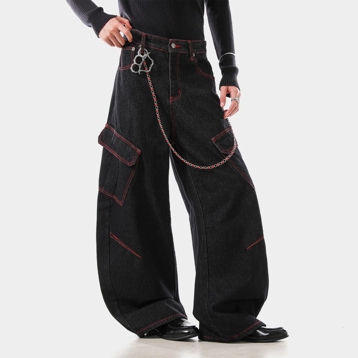 American Retro Washed Denim Jeans Multi Pocket Loose Slimming Long Trousers Straight Cut Mid Waist Zipper Fly Casual Jeans